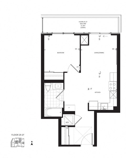 Floor plan for 1 bed, 1 bath, 587 sqft